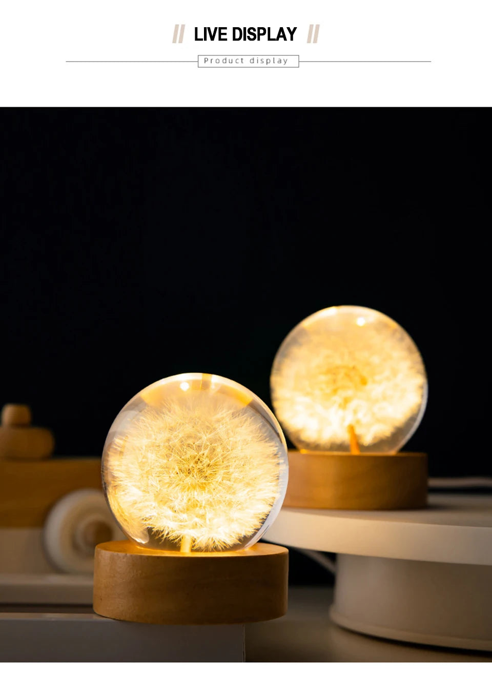 3D Dandelion Crystal Ball 5cm 6cm Luminous Immortality Flower Gift Crystal Ball Wood Stand Base Preserved Flower Sphere Ball