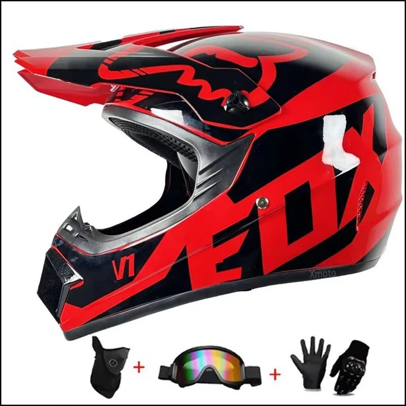 Kids MX Helmet Kit - DOT/ECE Certified Full-Face Helmet + Ventilated Off-Road Goggles + Riding Gloves