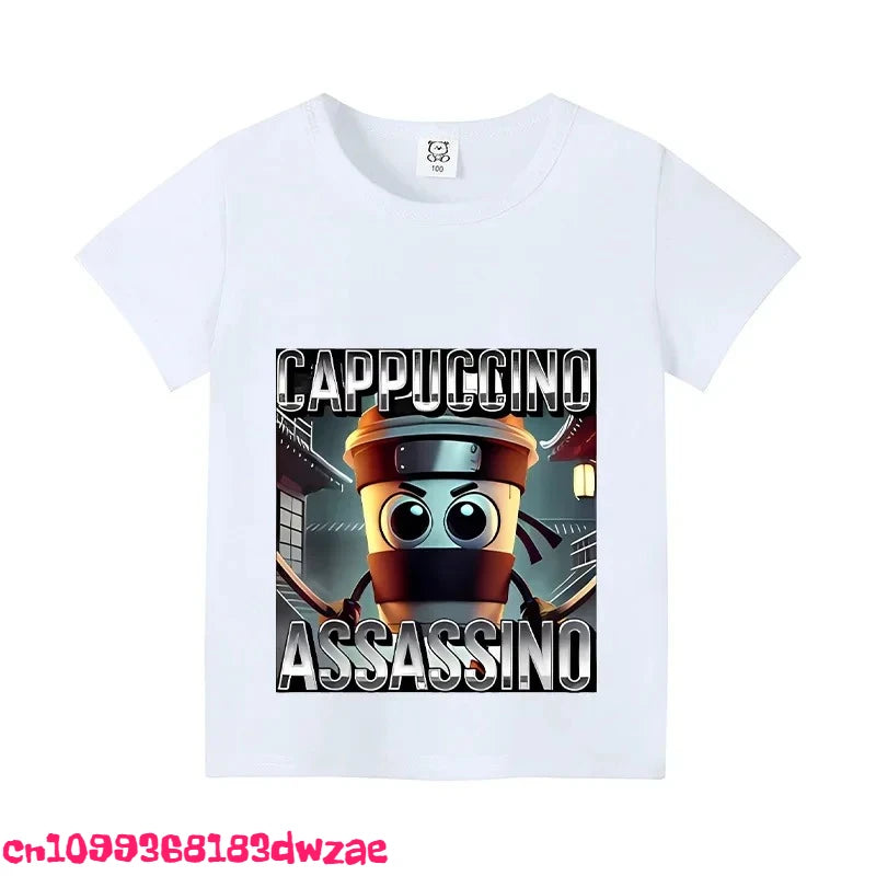 Italian Brainrot Animals Kids Cotton T-shirt Cappuccino Assassino Short Sleeve Tops for Kids Funny Meme Cute Tee Summer Clothing