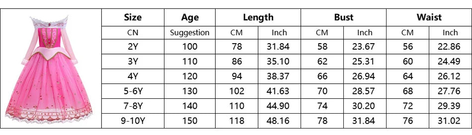 Sleeping Beauty Costume for Girls Aurora Dress Long Sleeves Off Shoulder Kids Halloween Christmas Fancy Party Princess Clothing