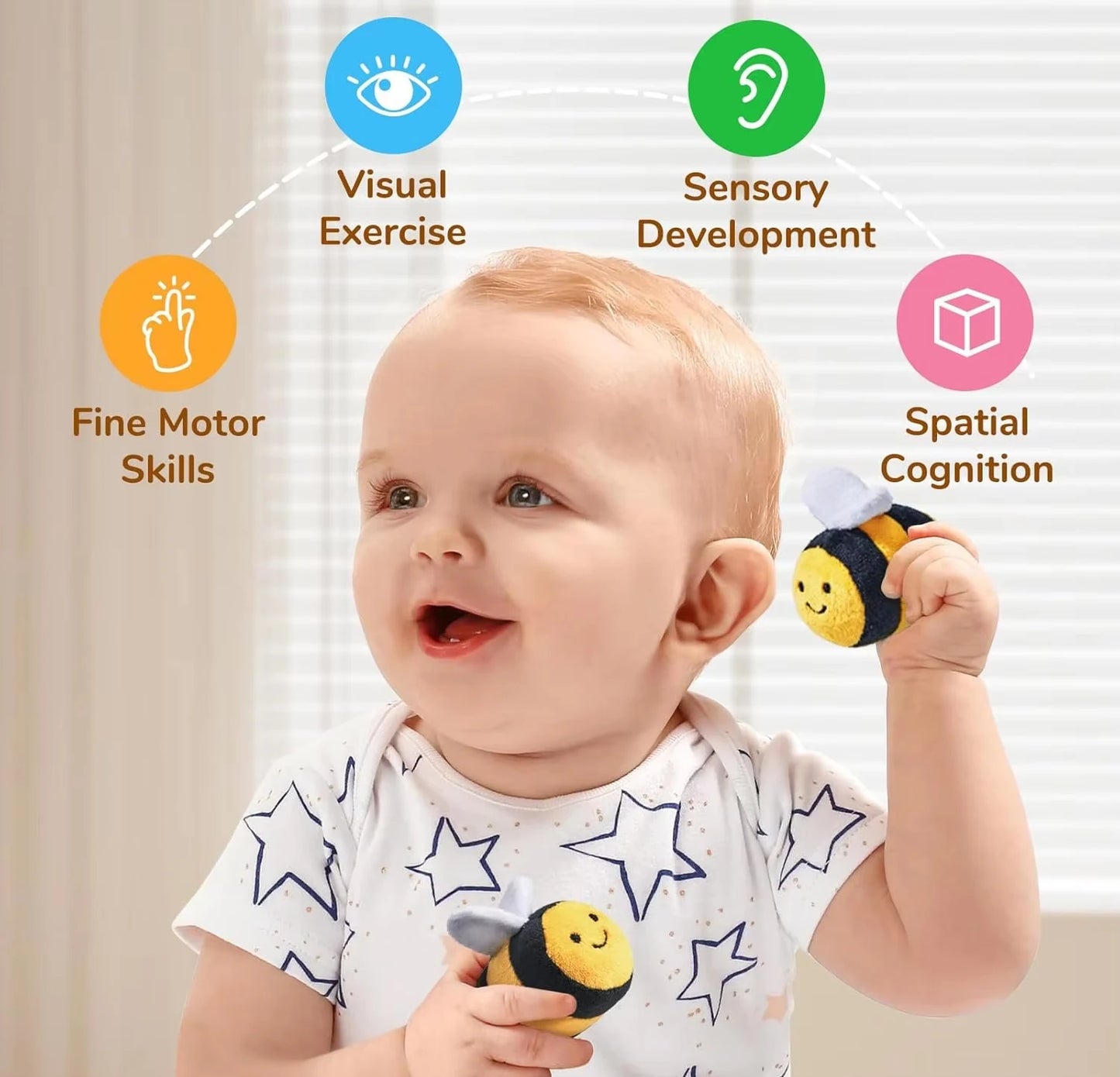 Baby Toys 6-12 Months Soft Baby Beehive with 5 Sensory Bee Rattle Mirror Crinkle Squeaker Busy Montessori Soft Toy for Toddlers