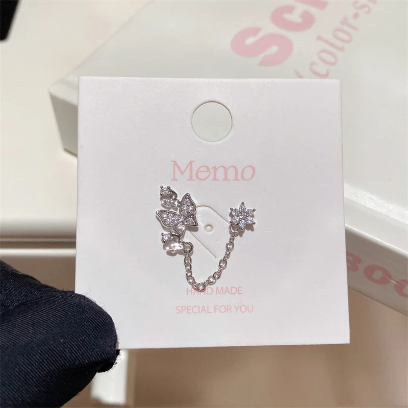 1PCS Pink Love Heart Chain Double Ear Hole 316L Stainless Steel Ear Bone Nail Y2K Fashion Hottie Earrings for Women Jewelry