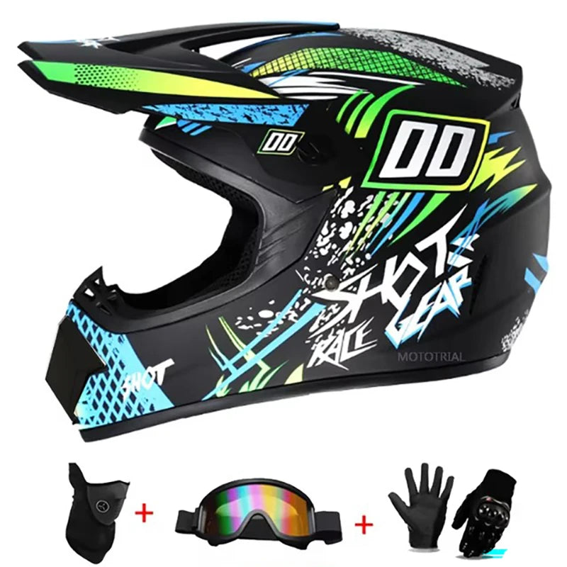 Kids MX Helmet Kit - DOT/ECE Certified Full-Face Helmet + Ventilated Off-Road Goggles + Riding Gloves