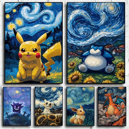 Pikachu Snorlax Van Gogh Themed Art Decorative Painting with Soft Colors and Cute Characters It Brings Vivid Colors To The Room
