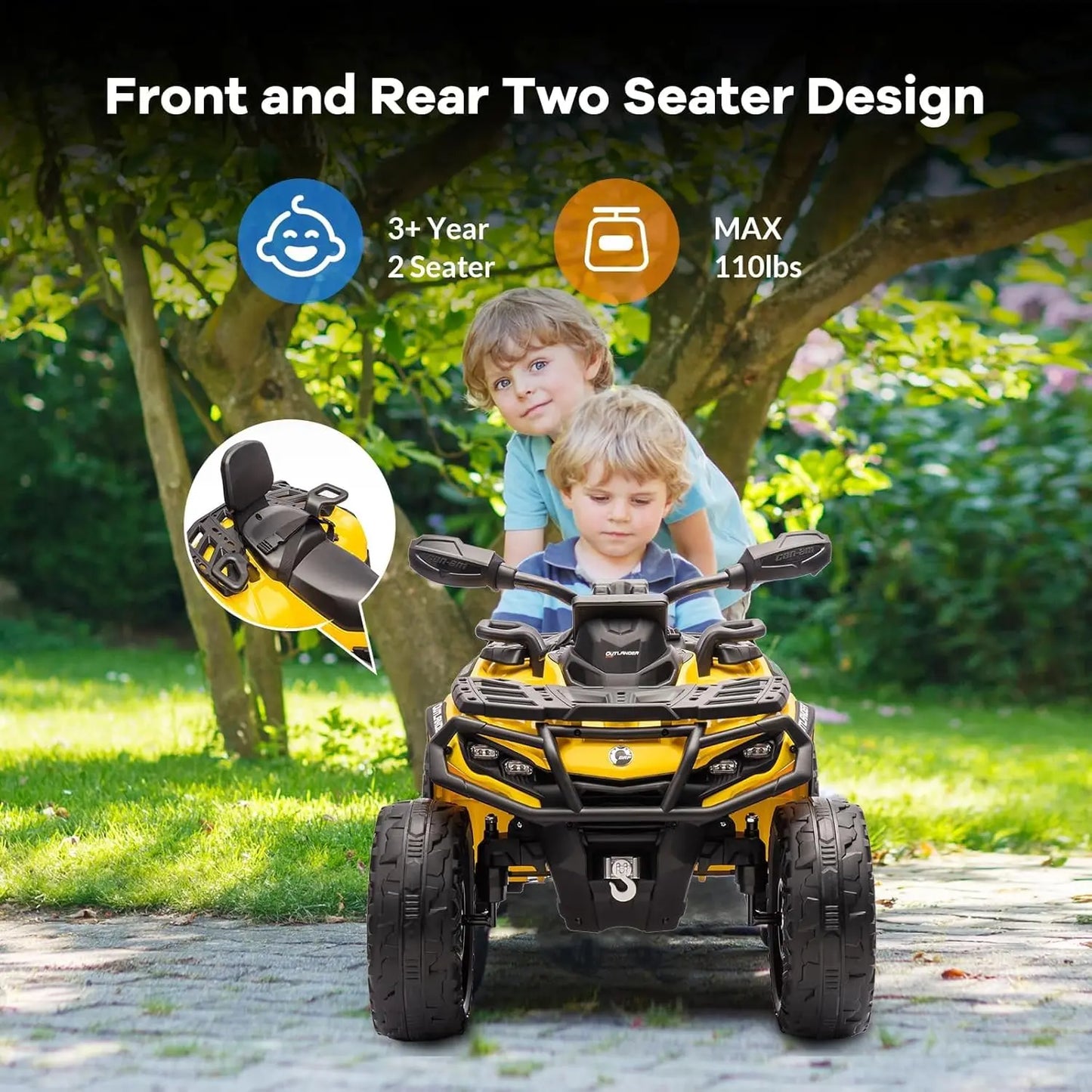24V 4WD 2-Seater Electric Ride-On ATV for Kids, with Leather Seats, Safety Belt, Bluetooth, 1.86-4.79 MPH, for Boys and Girls