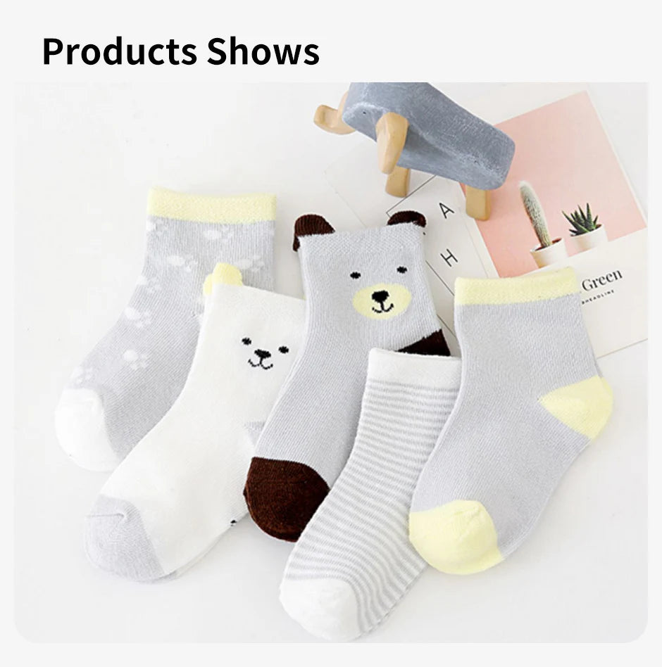 5 Pairs Cartoon Baby Socks Spring Autumn Stripe Dot Girls Boys Ankle Socks Soft Toddler Kids Short Socks