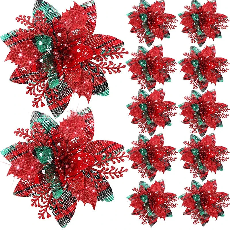 14.5cm Glitter Artifical Christmas Flowers Merry Christmas Tree Decoration Happy New Year Ornaments Xmas Fake Flowers Natal
