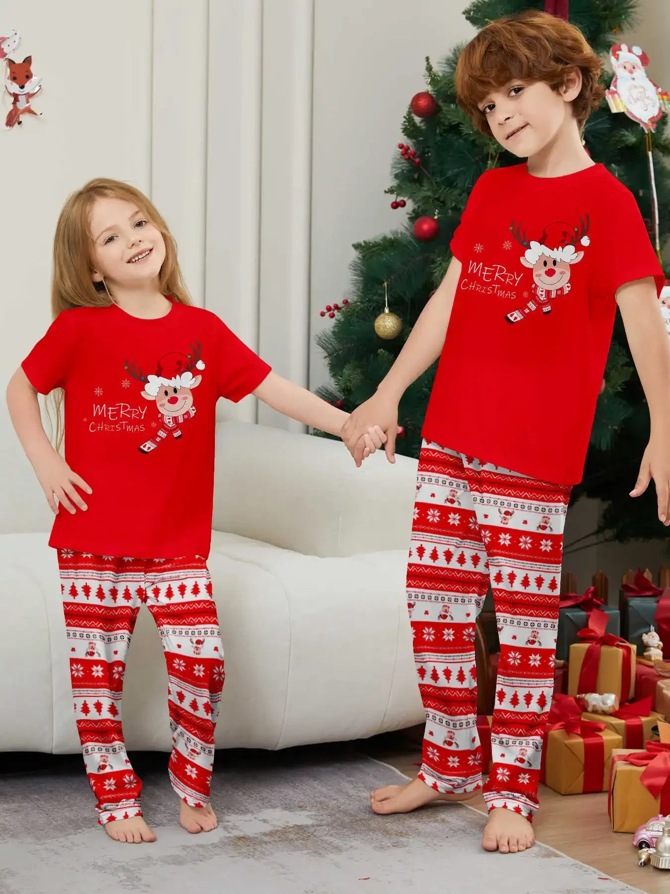 Merry Xmas Family Look Pyjamas Short Sleeve O Neck Sleepwear Adults Kids Christmas Matching Pajamas Set Cute Print 2 Pieces Suit