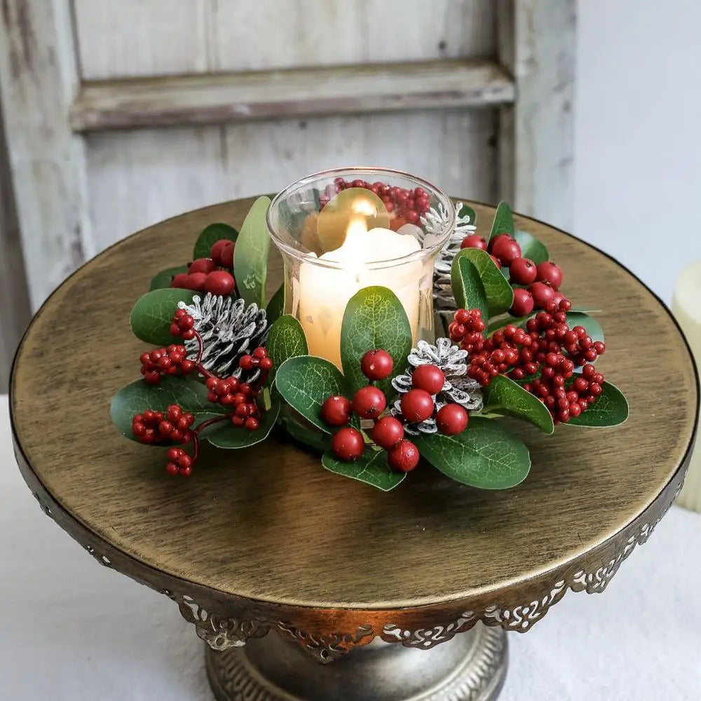Red Christmas Flowers Wreath Artificial Berries Pinecone Pine Candlestick Wreaths Garland Candle Ring Table Home Party Decor