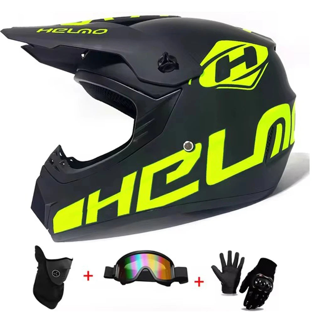 Kids MX Helmet Kit - DOT/ECE Certified Full-Face Helmet + Ventilated Off-Road Goggles + Riding Gloves