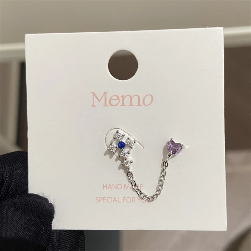 1PCS Pink Love Heart Chain Double Ear Hole 316L Stainless Steel Ear Bone Nail Y2K Fashion Hottie Earrings for Women Jewelry