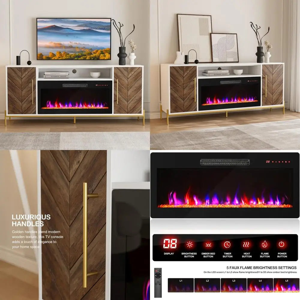 "68-inch wood tv stand with built-in 36-inch electric fireplace and storage entertainment center for tvs up to 75 inches"