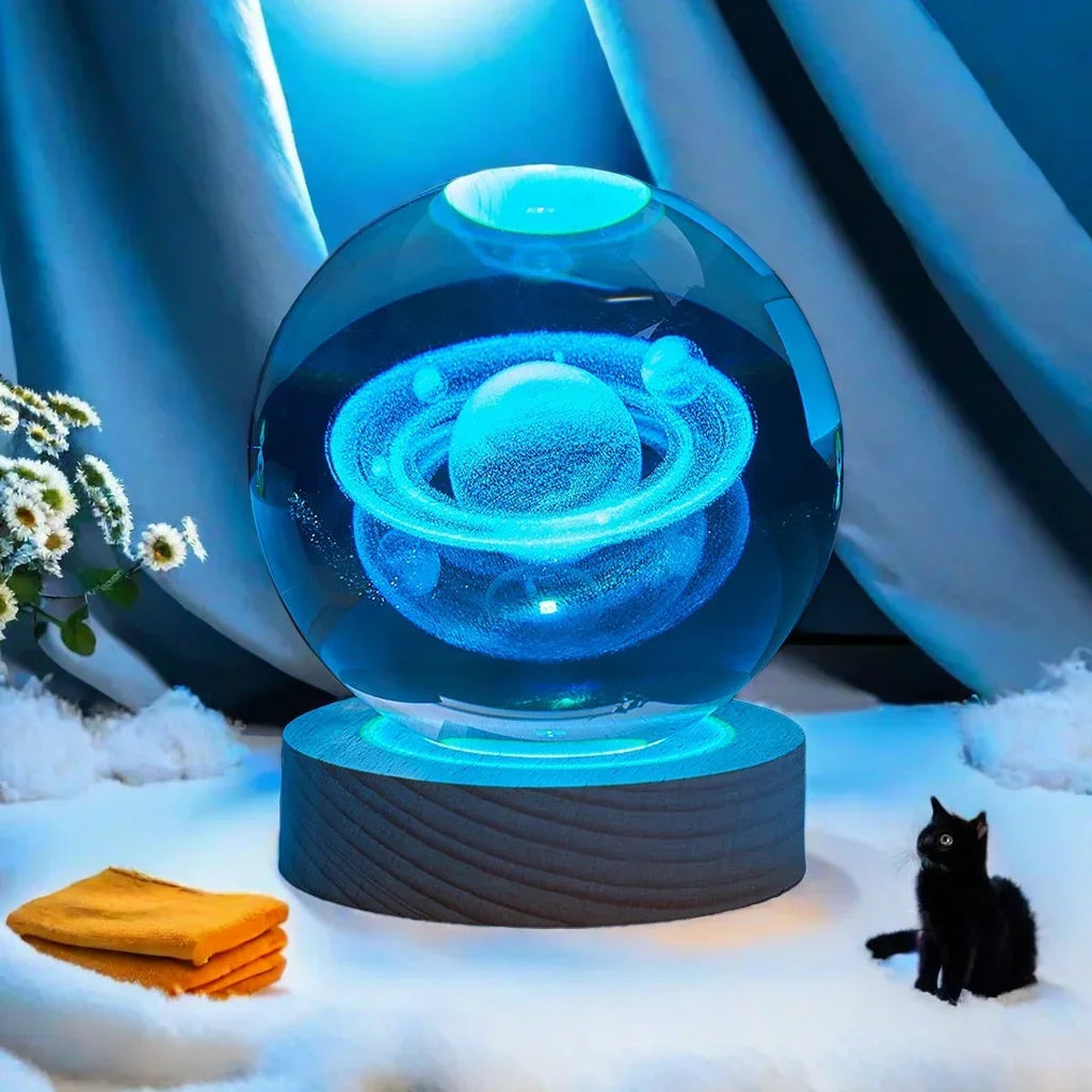 6cm 3D Interior Sculpted Saturn Illuminated Crystal Ball Ornament with Colorful Wood Base Nightlight Indoor Tabletop Birthday
