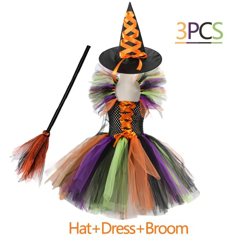 Kids Halloween Witch Costumes for Girls Carnival Party Fancy Dress Children Witches Disguise Tutu Outfit Clothes with Broom Hat