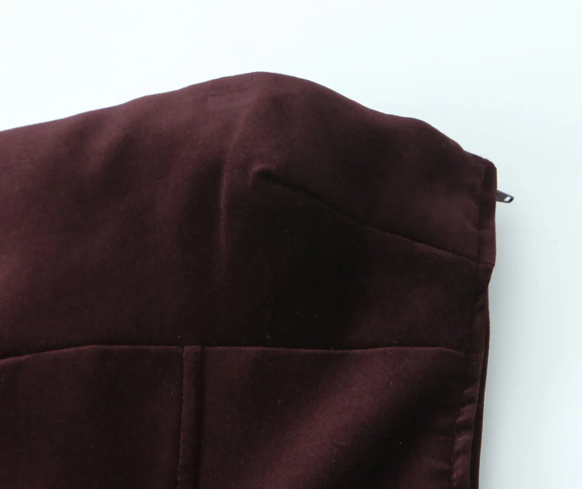 YENKYE Sexy Elegant Women Burgundy Velvet Bow Strapless Dress Christmas Party Mini Vestidos