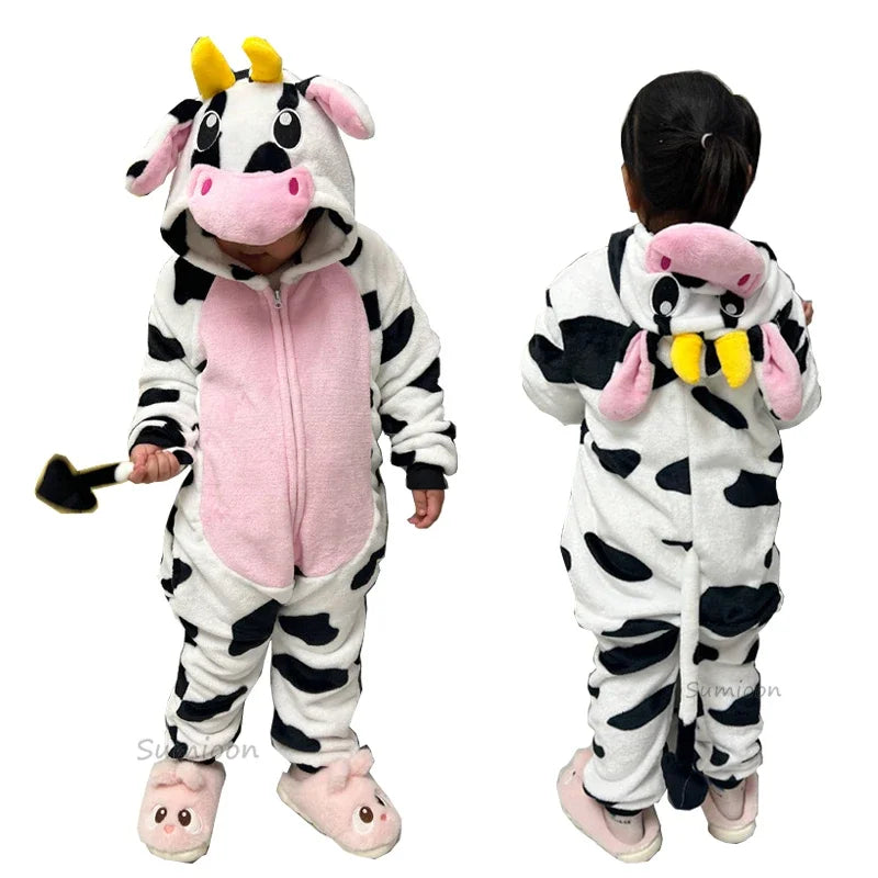 Kids Unicorn Animal Jumpsuits Cartoon Pajamas Cosplay Holiday Costume Cat Panda Flannel Sleepwear for Children Outfits 4-12Yrs
