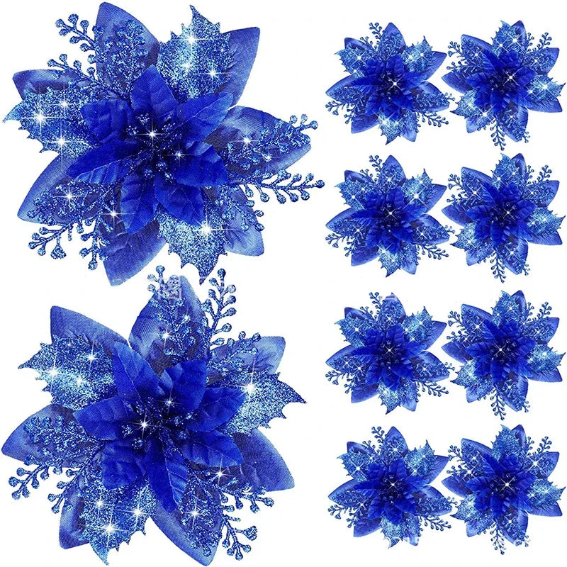 14.5cm Glitter Artifical Christmas Flowers Merry Christmas Tree Decoration Happy New Year Ornaments Xmas Fake Flowers Natal
