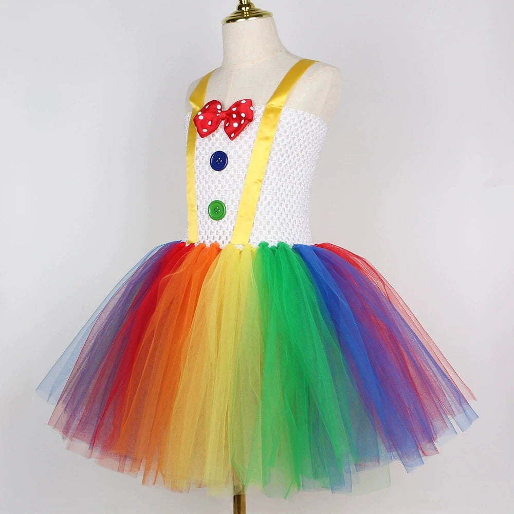 Rainbow Circus Clown Costume for Girls Funny Joker Halloween Tutu Dress for Kids Birthday Carnival Party Outfit Children Clothes
