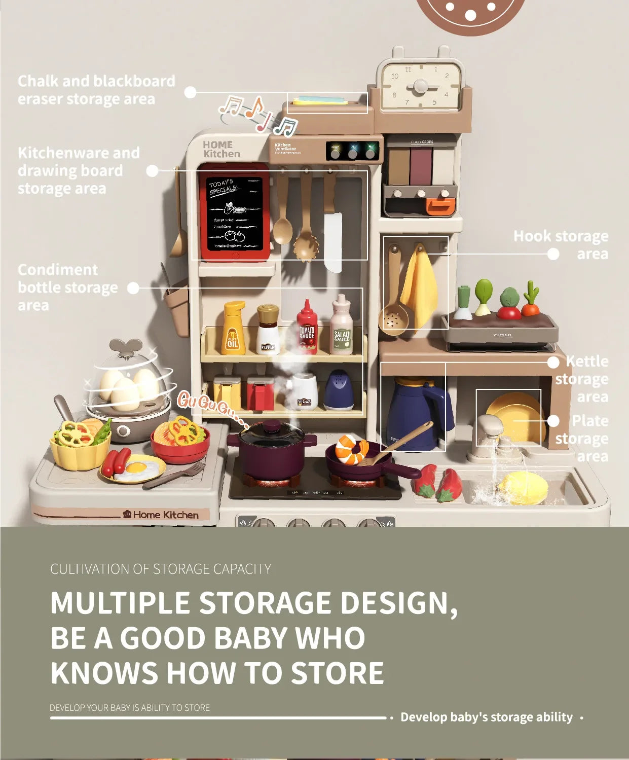 New 93cm Children's Simulated Spray Kitchen Tableware Set Sound Light Smoke Water Tableware Table Toy Christmas Gift Toy