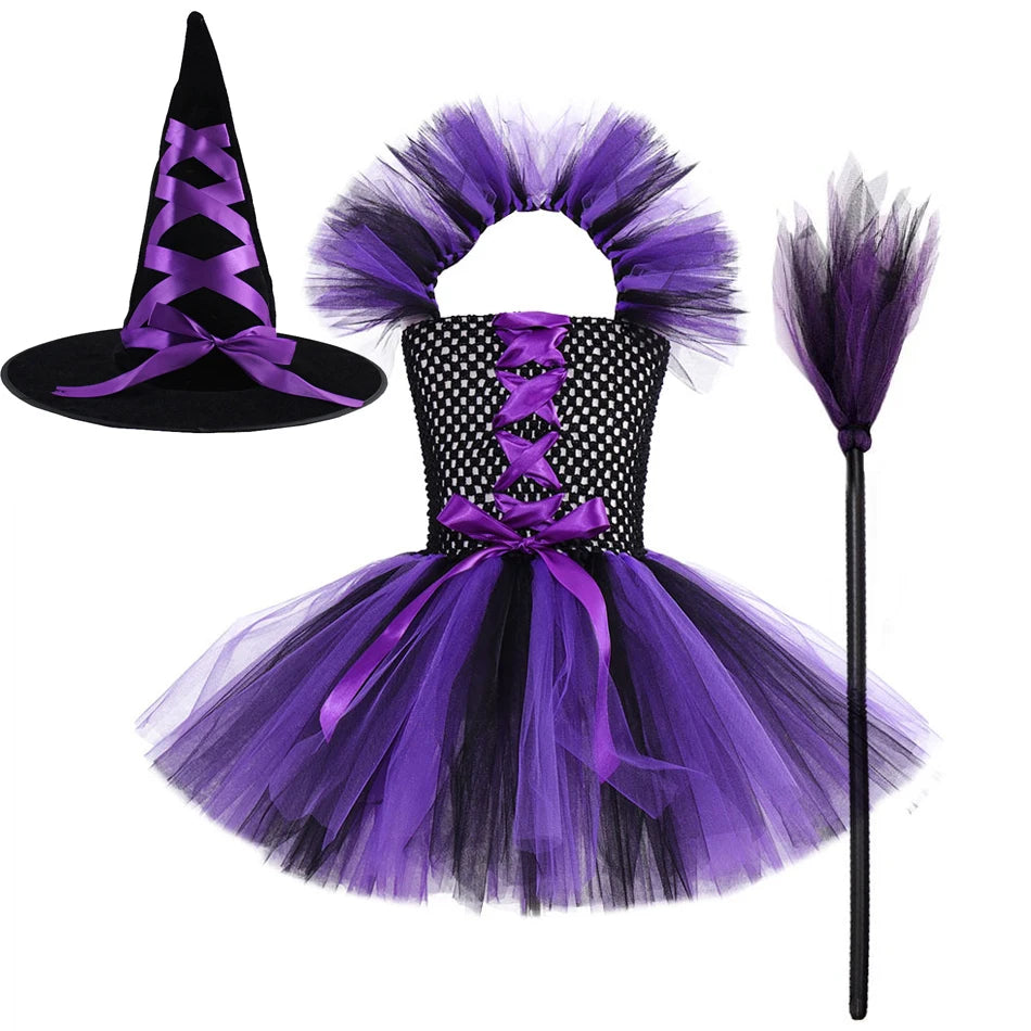 Kids Halloween Witch Costumes for Girls Carnival Party Fancy Dress Children Witches Disguise Tutu Outfit Clothes with Broom Hat