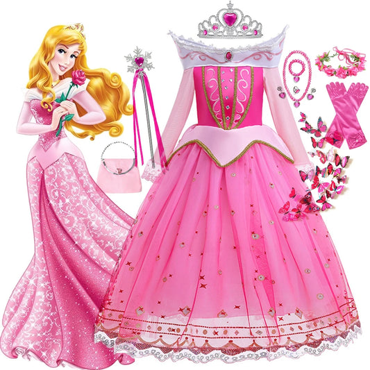 Sleeping Beauty Costume for Girls Aurora Dress Long Sleeves Off Shoulder Kids Halloween Christmas Fancy Party Princess Clothing