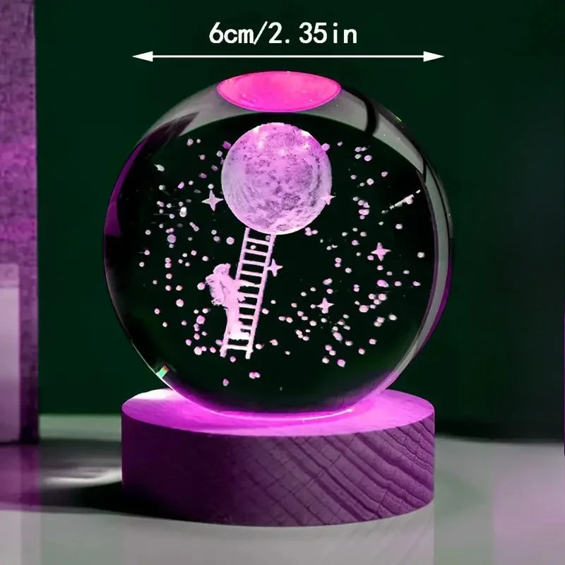 6cm 3D Interior Sculpted Saturn Illuminated Crystal Ball Ornament with Colorful Wood Base Nightlight Indoor Tabletop Birthday