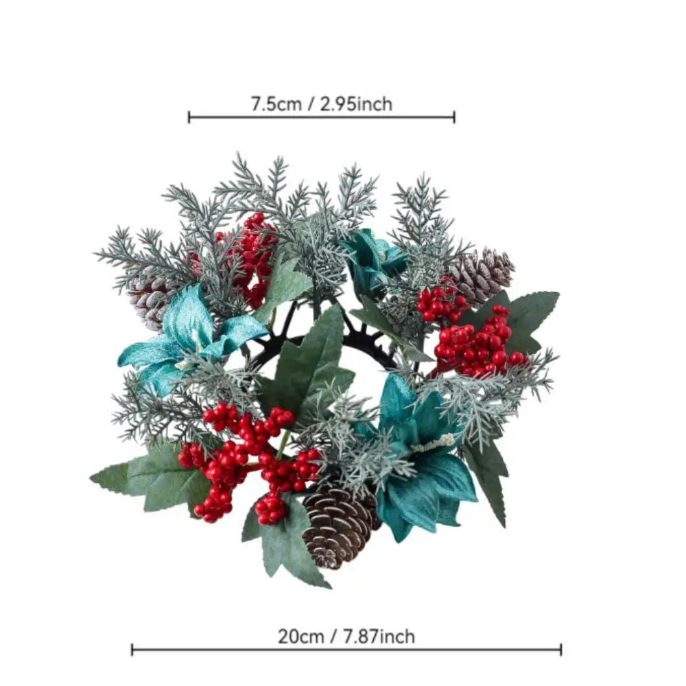 Red Christmas Flowers Wreath Artificial Berries Pinecone Pine Candlestick Wreaths Garland Candle Ring Table Home Party Decor