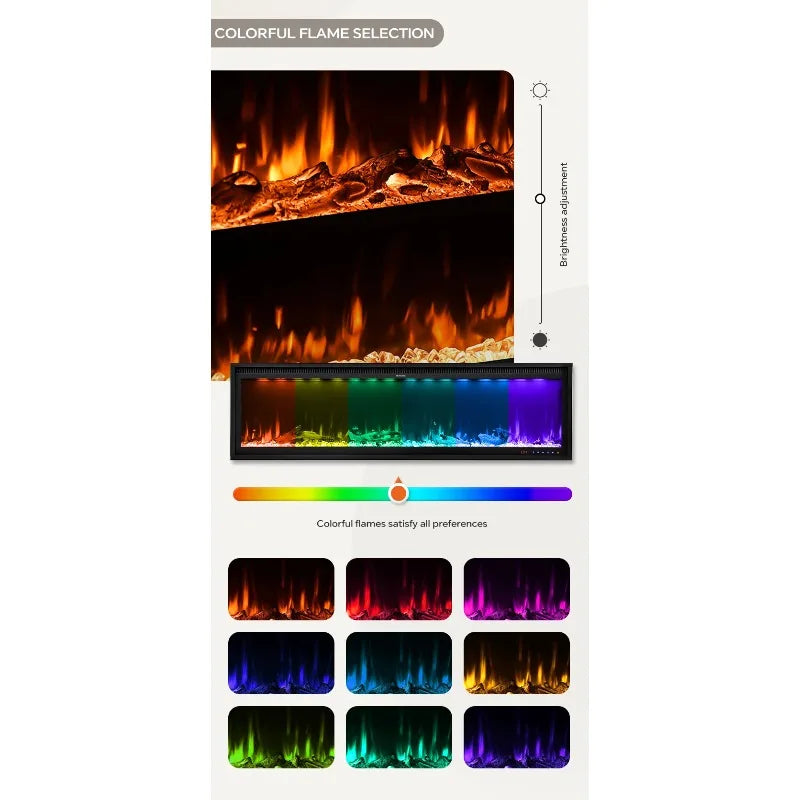 Wall mounted electric fireplace realistic flame effect adjustable thermostat dimmer remote control 1500W