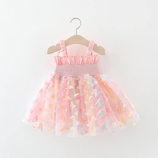 Summer girl's camisole dress with rainbow butterfly print mesh patchwork butterfly wings sleeveless fluffy skirt