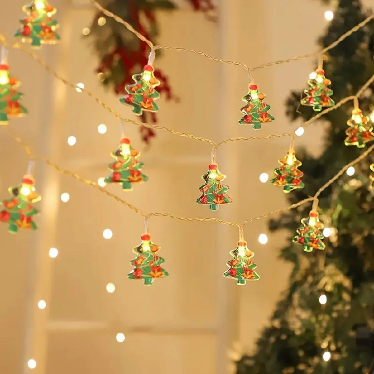 1PC 10/20/30/40LED Christmas String Lights With Santa & Snowman& Xmas Tree Battery Powered For Indoor Outdoor Holiday Xmas Decor