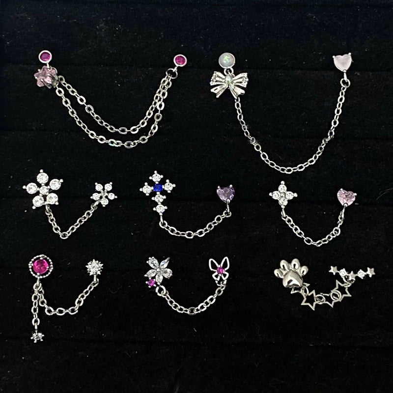 1PCS Pink Love Heart Chain Double Ear Hole 316L Stainless Steel Ear Bone Nail Y2K Fashion Hottie Earrings for Women Jewelry