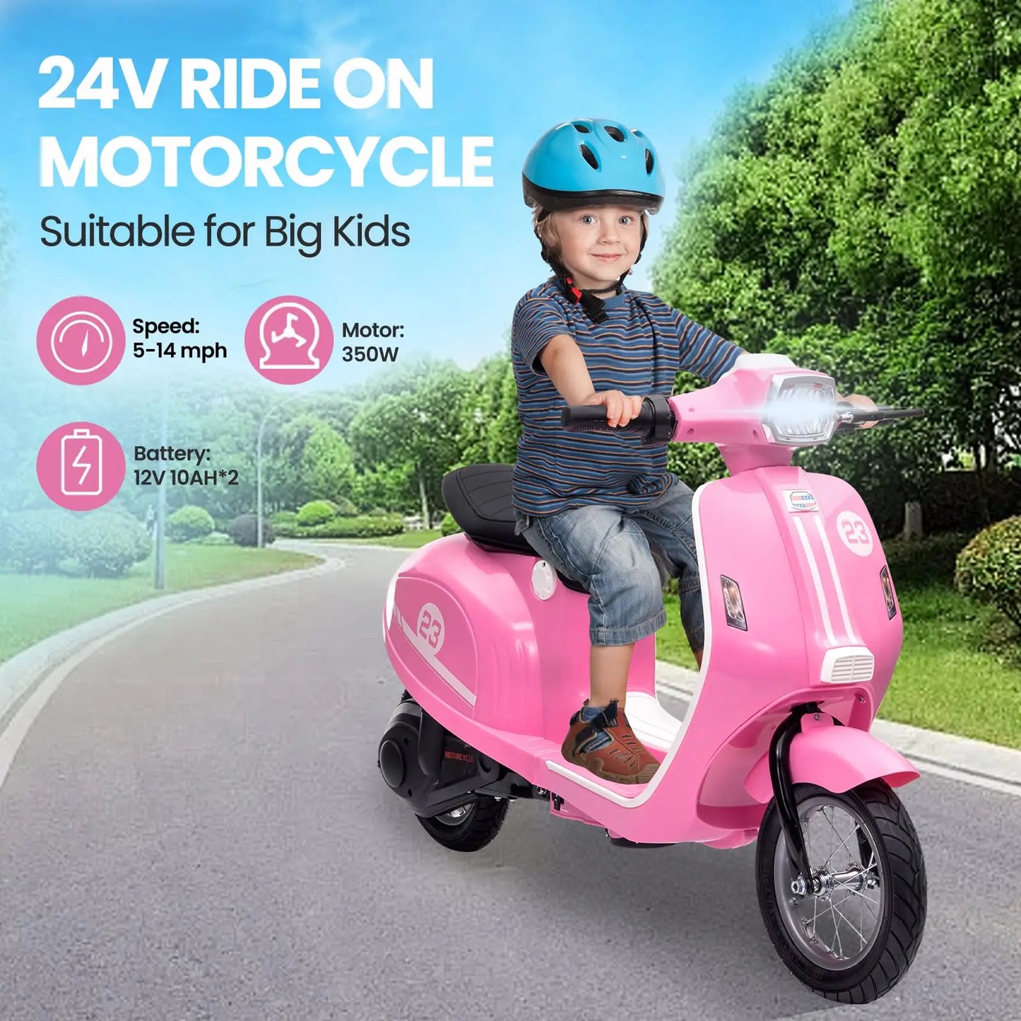 Kids Motorcycle 24V 350W Electric Ride-On, 14MPH Max, Waterproof Design, LED Lights & Rear Brake - Motorbike for Ages 8-12