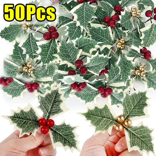 50/5Pcs Christmas Holly Leaves Artificial Red Berries DIY Christmas Flower Wreath Decoration for Home Xmas New Year Gifts Decor