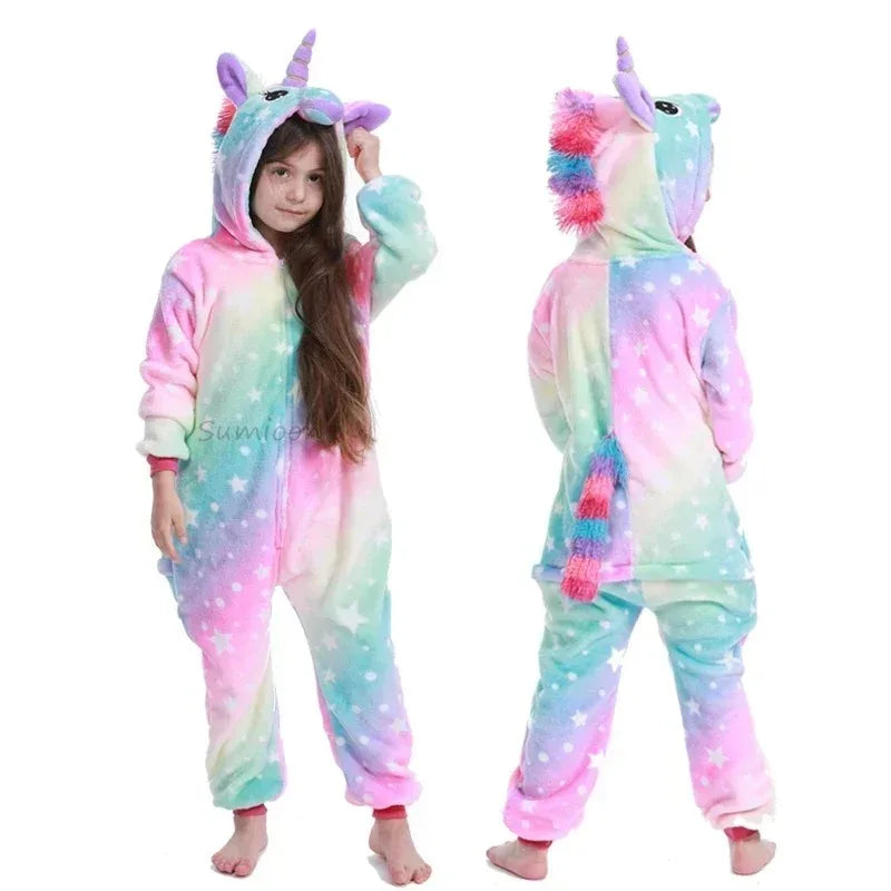 Kids Unicorn Animal Jumpsuits Cartoon Pajamas Cosplay Holiday Costume Cat Panda Flannel Sleepwear for Children Outfits 4-12Yrs