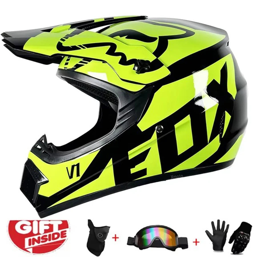 Kids MX Helmet Kit - DOT/ECE Certified Full-Face Helmet + Ventilated Off-Road Goggles + Riding Gloves