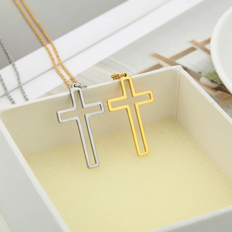 Openwork Cross Pendant Necklace for Women New Fashion Stainless Steel Gold Silver Color Necklace Jewelry Christmas Gift