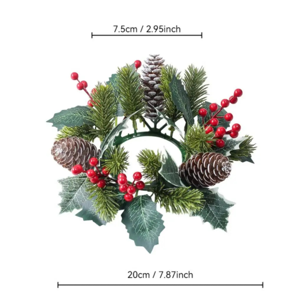 Red Christmas Flowers Wreath Artificial Berries Pinecone Pine Candlestick Wreaths Garland Candle Ring Table Home Party Decor