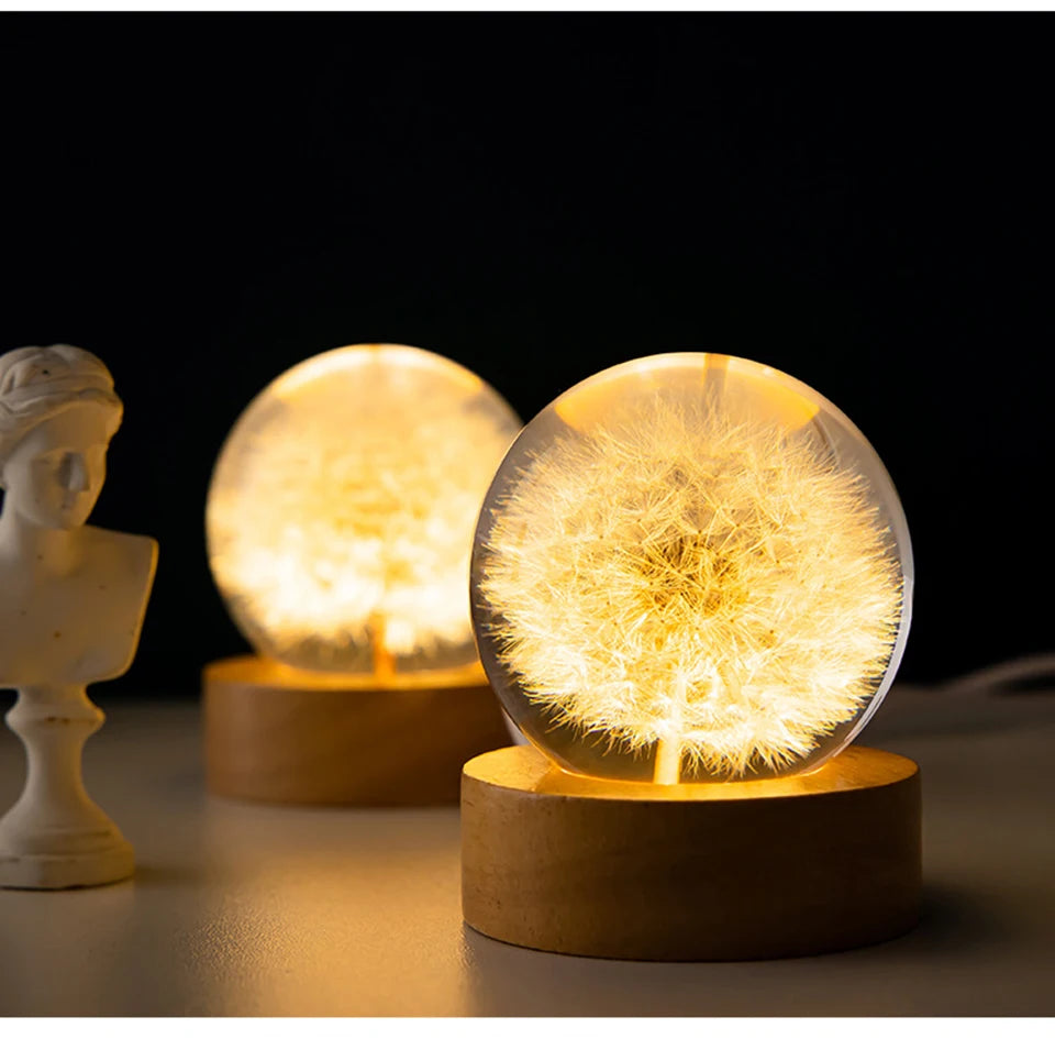 3D Dandelion Crystal Ball 5cm 6cm Luminous Immortality Flower Gift Crystal Ball Wood Stand Base Preserved Flower Sphere Ball