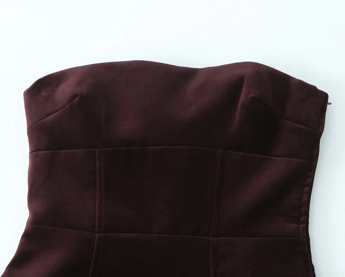 YENKYE Sexy Elegant Women Burgundy Velvet Bow Strapless Dress Christmas Party Mini Vestidos