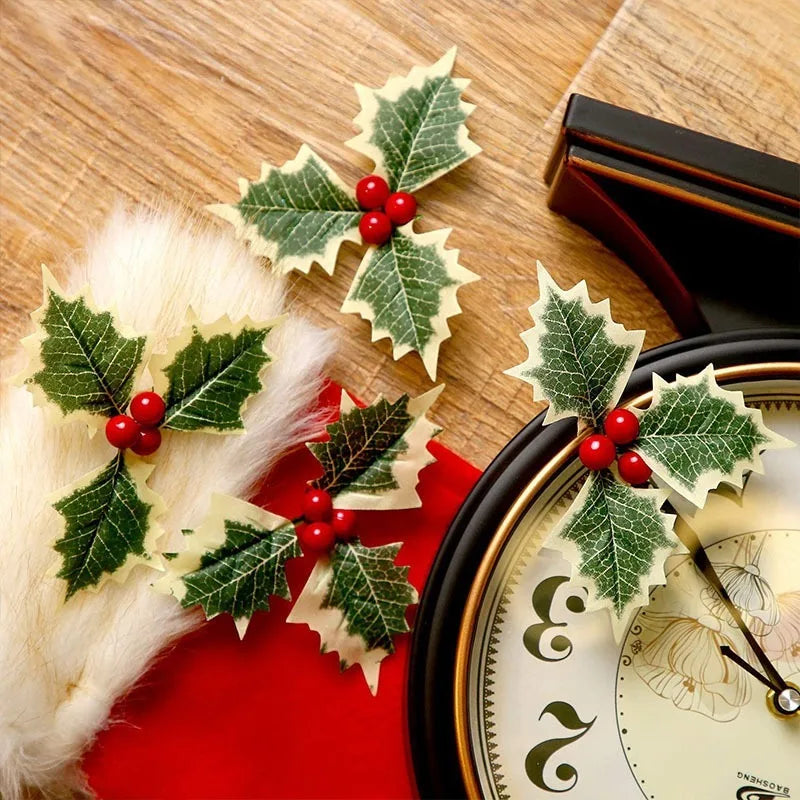 50/5Pcs Christmas Holly Leaves Artificial Red Berries DIY Christmas Flower Wreath Decoration for Home Xmas New Year Gifts Decor