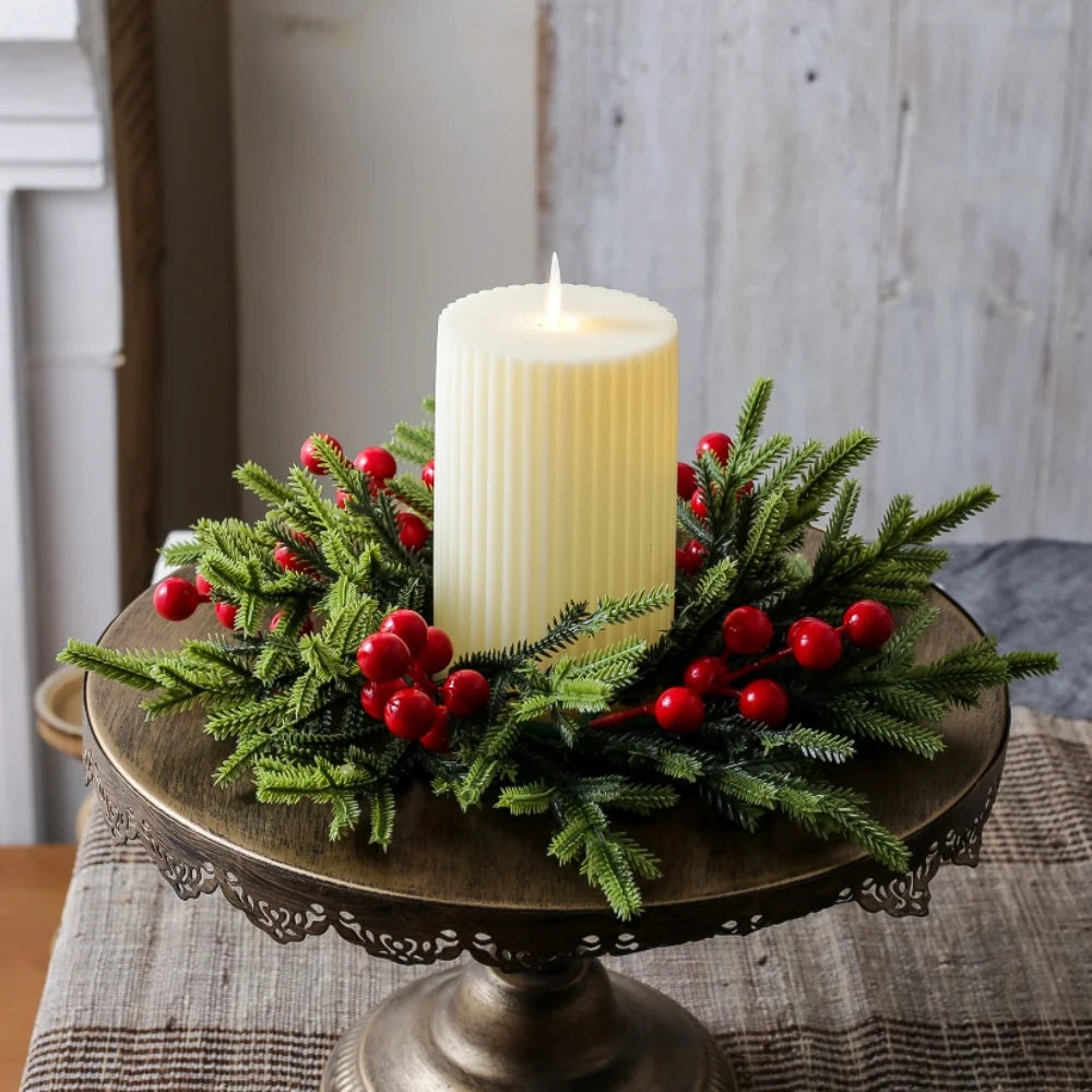 Red Christmas Flowers Wreath Artificial Berries Pinecone Pine Candlestick Wreaths Garland Candle Ring Table Home Party Decor