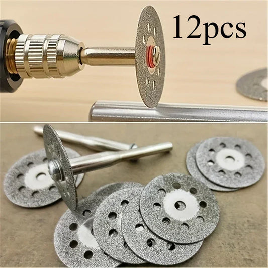 12pcs 22mm Diamond Cutting Disc 3mm Grinding Wheel Mandrel for Metal Cutting Rotary Tool Electric Grinder Parts