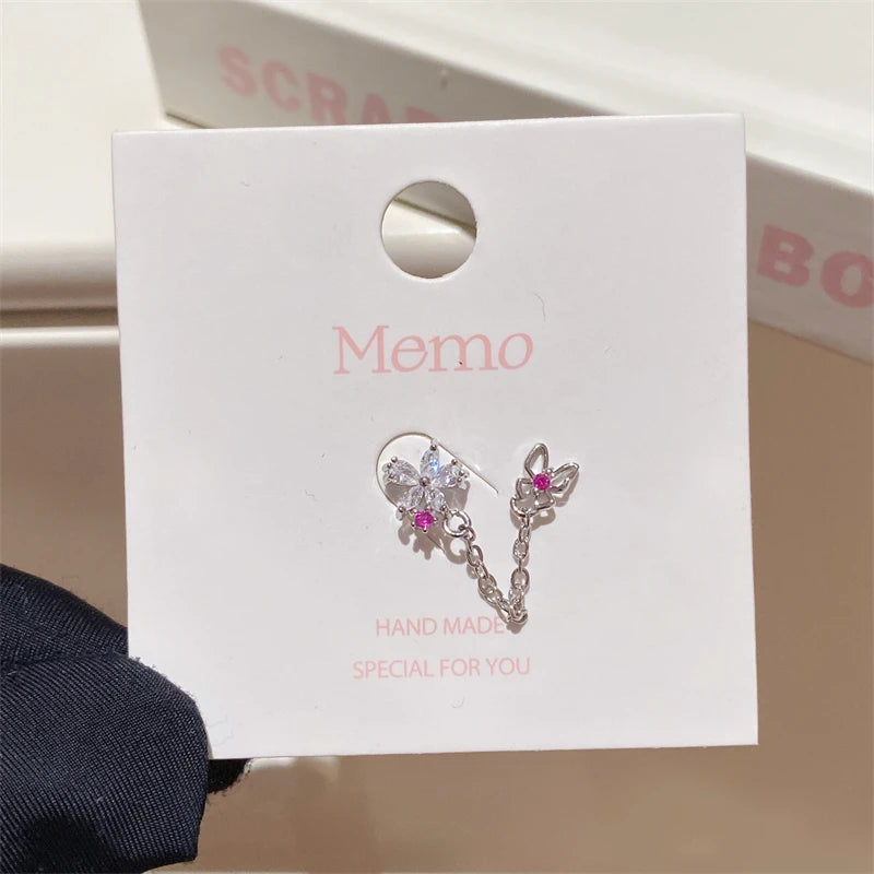 1PCS Pink Love Heart Chain Double Ear Hole 316L Stainless Steel Ear Bone Nail Y2K Fashion Hottie Earrings for Women Jewelry