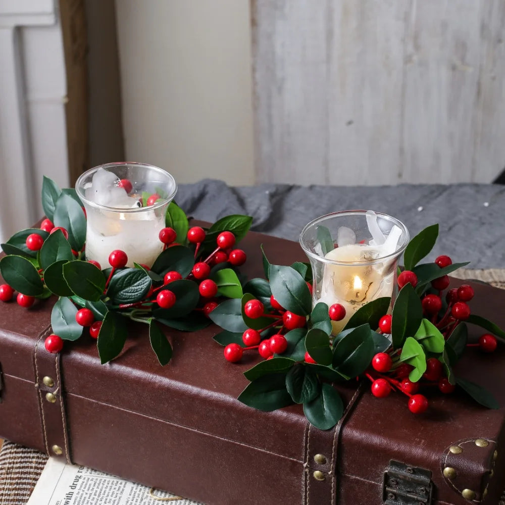 Red Christmas Flowers Wreath Artificial Berries Pinecone Pine Candlestick Wreaths Garland Candle Ring Table Home Party Decor