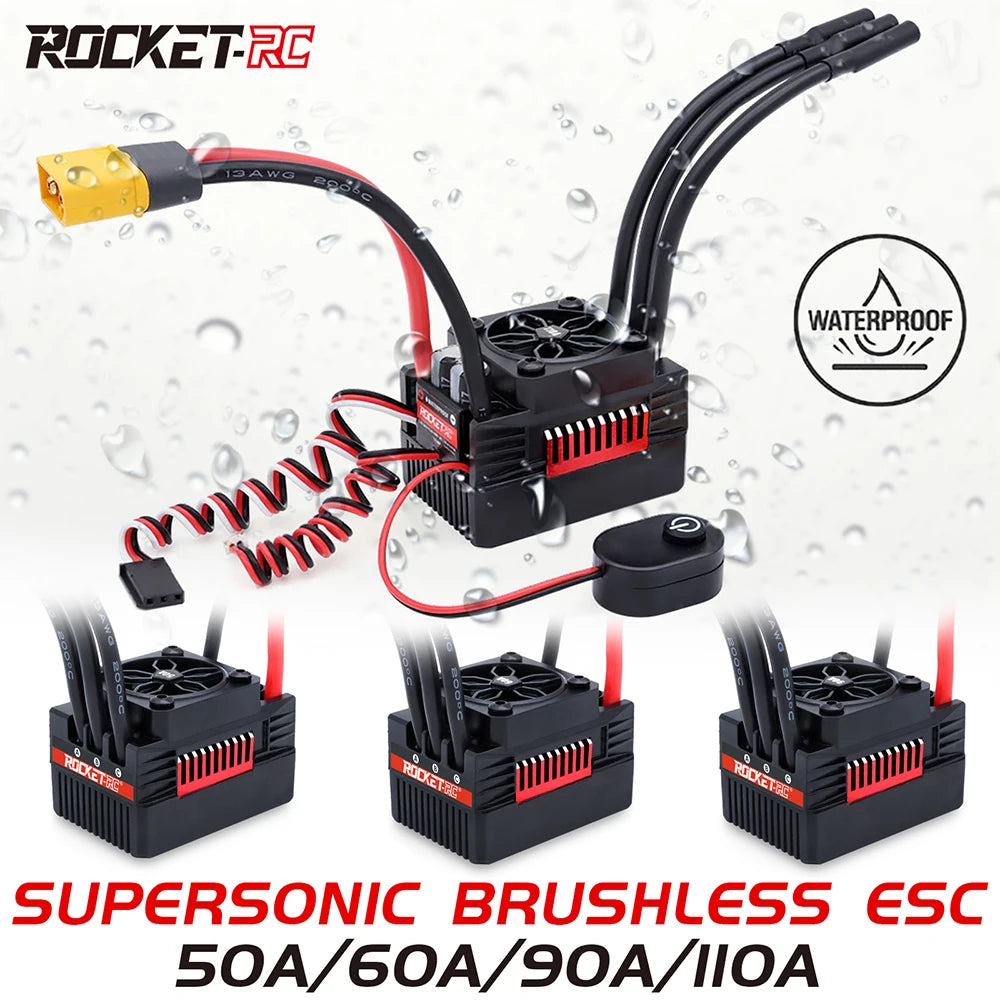 Rocket V2 Supersonic 50A 60A 90A 110A ESC Waterproof Brushless Speed Controller with 7.4V/8.4V 6A BEC for 3650 Motor 1:10 RC Car