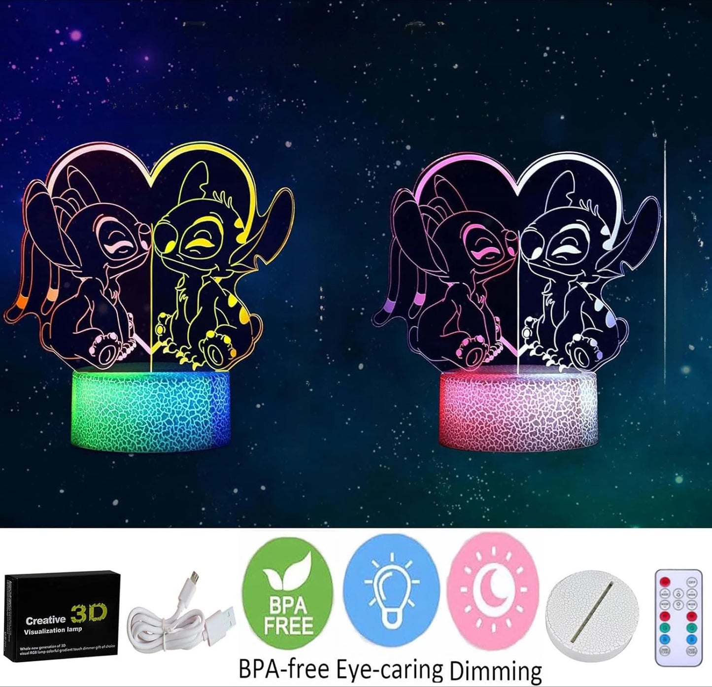 Lilo & Stitch Two Color Night Light 3D Illusion LED Home Children's Decoration Bedroom with Remotenight Light Christmas Gift