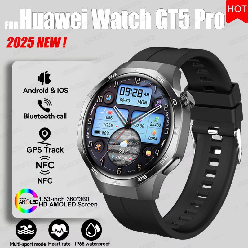 2025 New GT5 Pro GPS Track Compass Smart Watch Men 360*360 AMOLED Screen NFC BT Call Waterproof Health Monitor Man Smartwatches