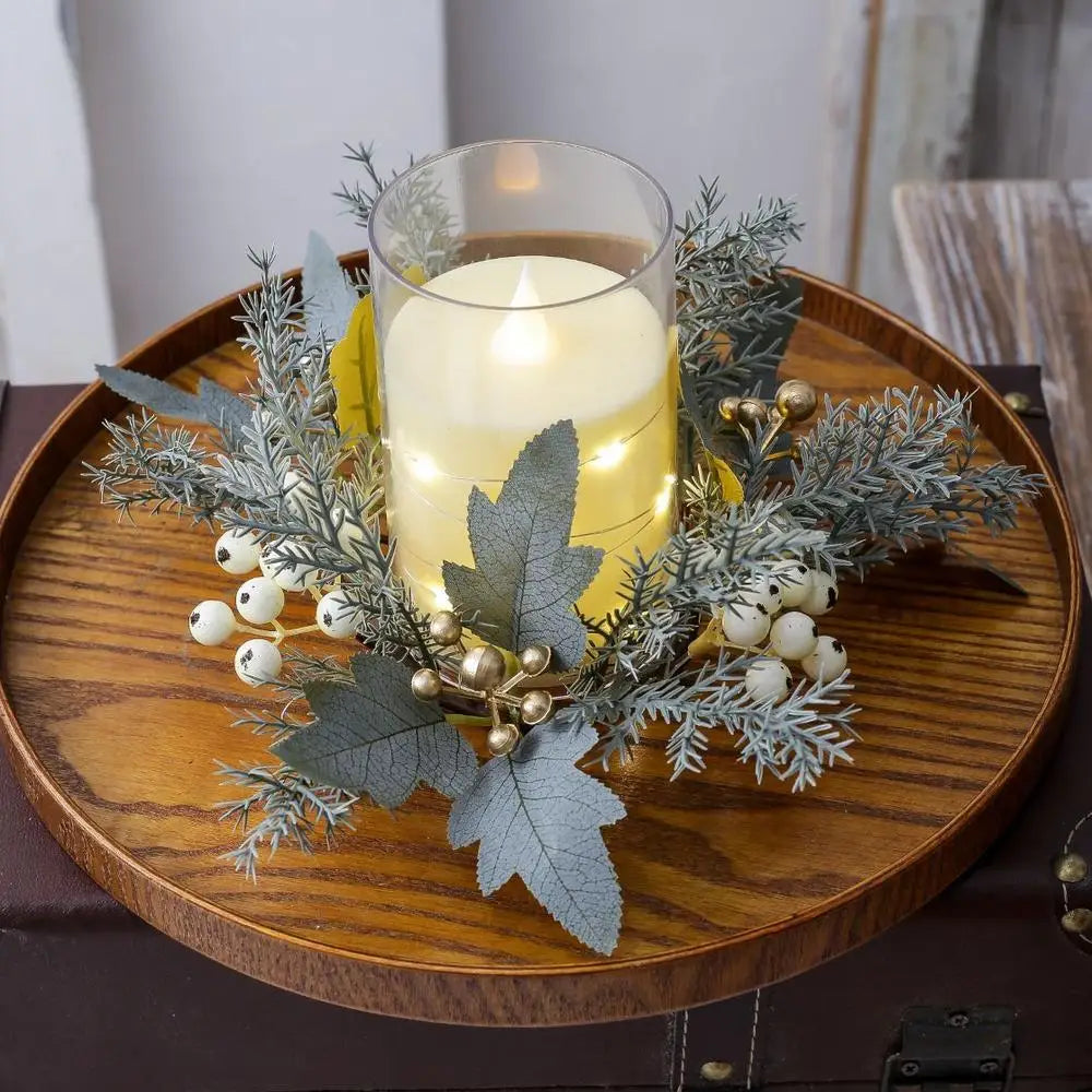 Red Christmas Flowers Wreath Artificial Berries Pinecone Pine Candlestick Wreaths Garland Candle Ring Table Home Party Decor