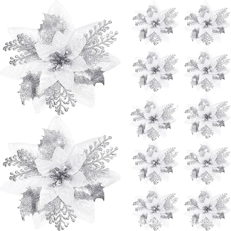 14.5cm Glitter Artifical Christmas Flowers Merry Christmas Tree Decoration Happy New Year Ornaments Xmas Fake Flowers Natal