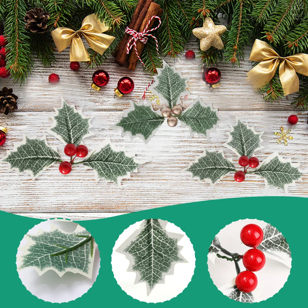 50/5Pcs Christmas Holly Leaves Artificial Red Berries DIY Christmas Flower Wreath Decoration for Home Xmas New Year Gifts Decor